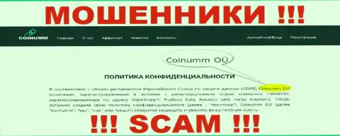 Юридическое лицо мошенников Coinumm - информация с веб-сайта жуликов