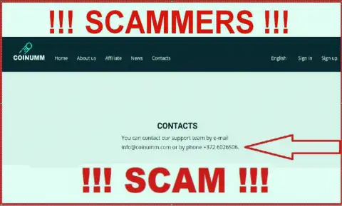 Coinumm phone number listed on the scammers web-site