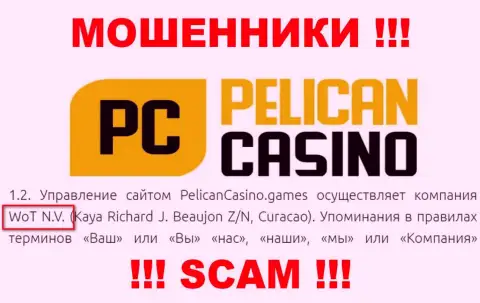 Юридическое лицо организации PelicanCasino Games - это WoT N.V.
