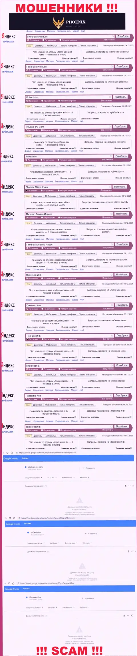Скриншот статистики онлайн запросов по незаконно действующей конторе ПхониксИнв