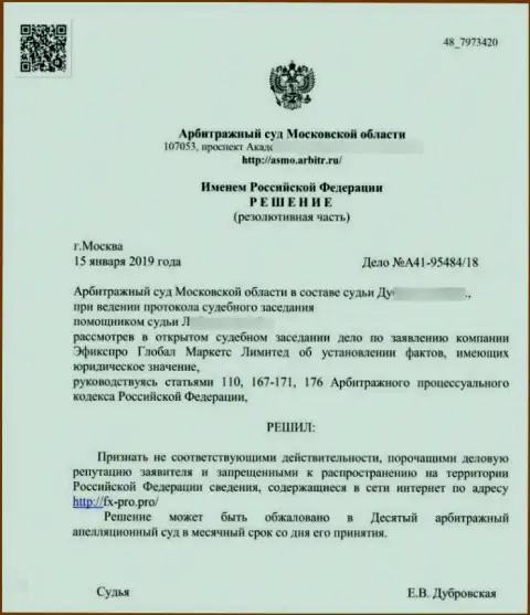 Решение арбитражного суда Московской обл. по иску мошенников Фикс Про в отношении web-сайта Fx-Pro Pro