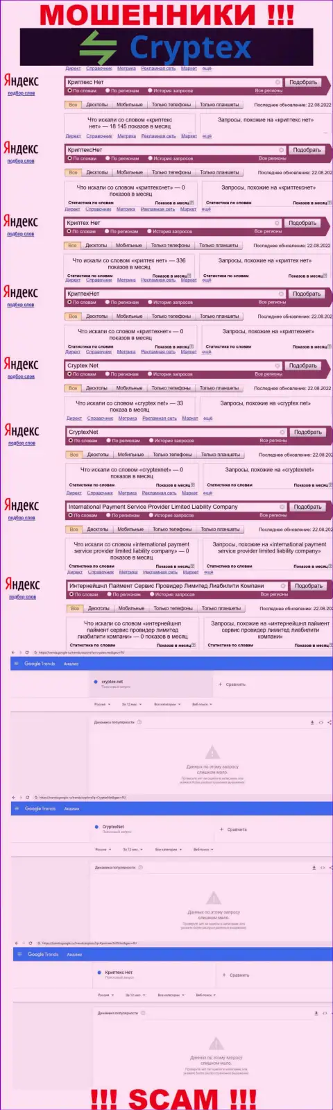 Скрин статистических сведений online-запросов по противозаконно действующей конторе Криптекс Нет